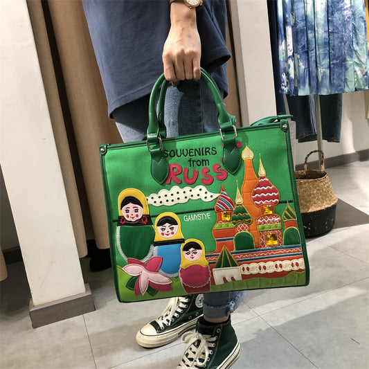 Chrome Heart Leather Bag Splicing Embroidered Tote Bag