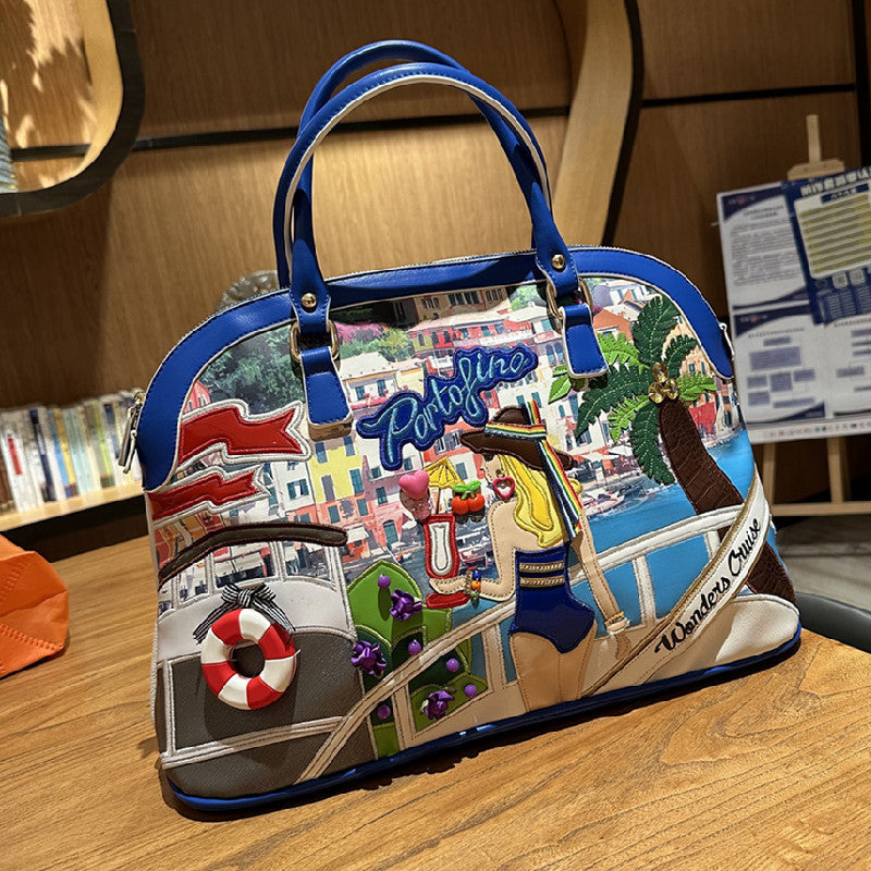 Chrome Heart Leather Bag Splicing Embroidered Women's Bag